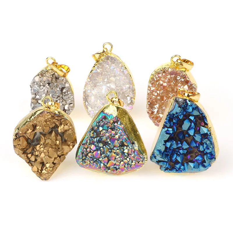 

Fashion Gold Plated Jewelry Accessories Natural Druzy Stone Beads Joyeria Crystal Pendant Charms For Necklace Making, Gold;blue;silver;red colorful;champange;opal