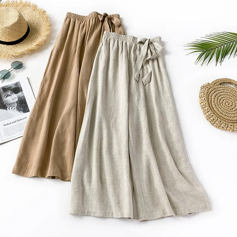 Literary style cotton and  loose skirt pants nine points linen wide leg pants female casual pants AG901