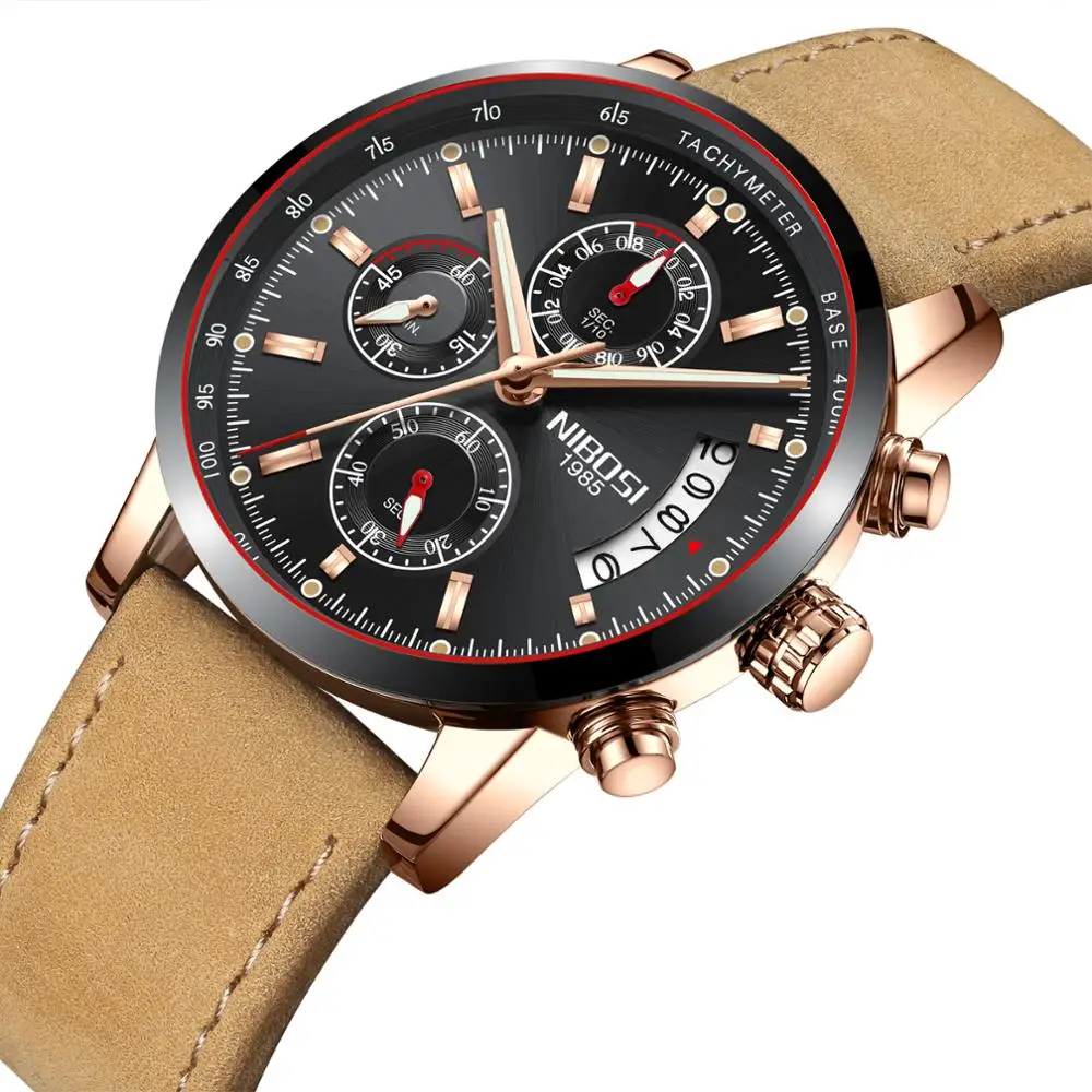 

NIBOSI Watch Wholesale Alloy Genuine Leather Strap Analog Chronograph Quartz Wrist Watch for Men