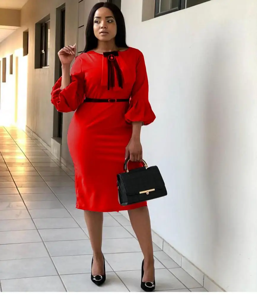 

ladies formal l3quater hand round neck slim dress with tiny belt