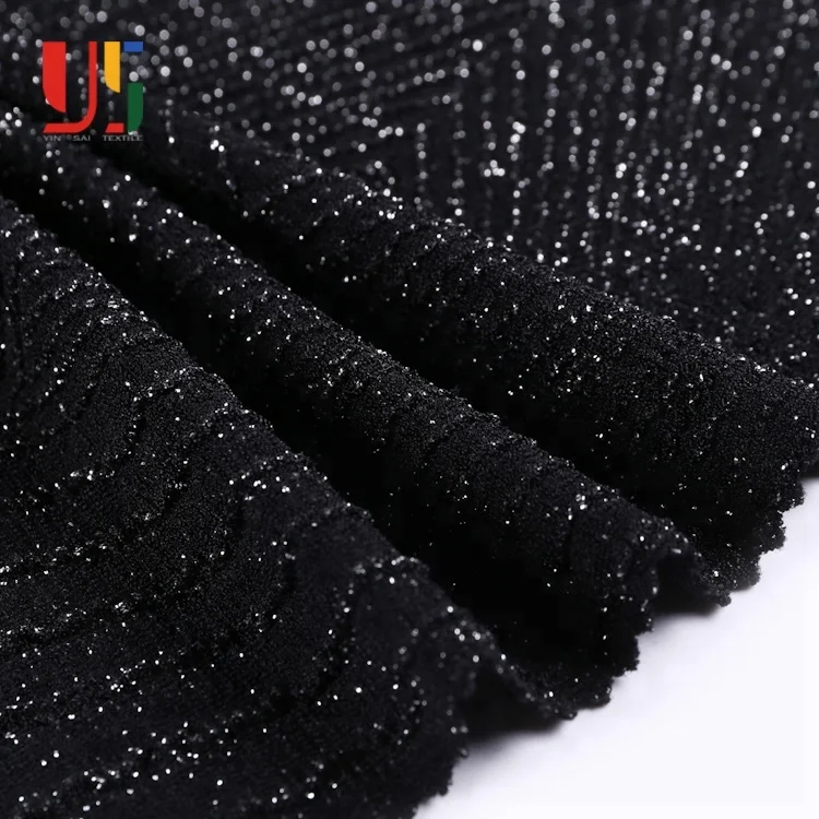 
Black plain dyed jersey jacquard knitting shiny metallic lurex fabric for women dress 