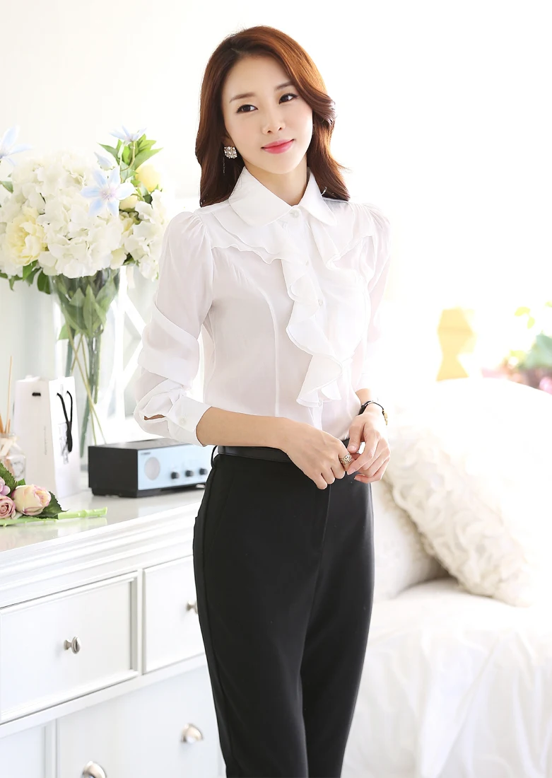 Autumn Season Office Blouse Ladies Fashion Long Sleeve White Chiffon ...