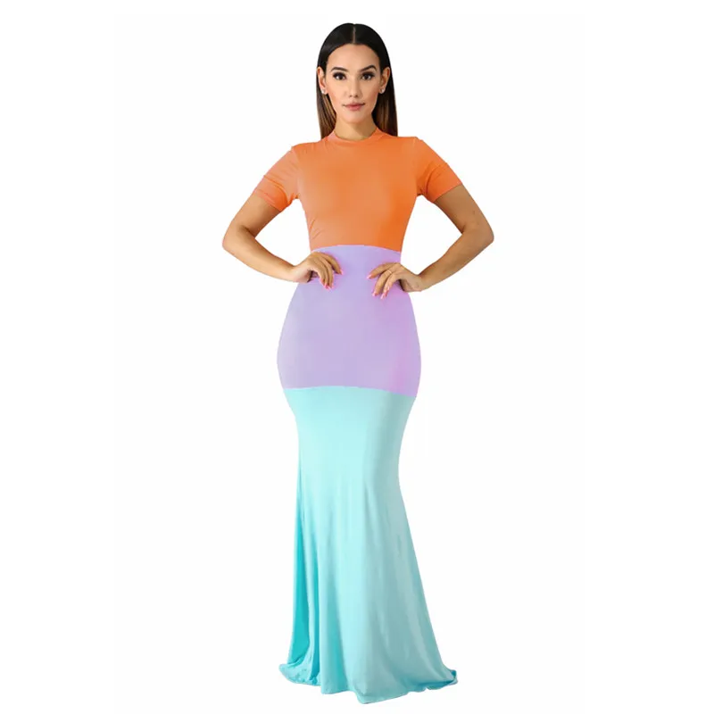 

Womens Africa Casual three colors Patchwork Floor Length Bodycon Long Maxi Dress