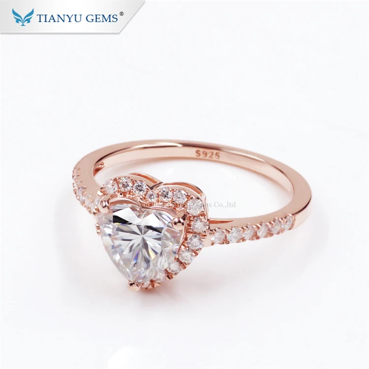 

Tianyu heart shape designs luxury 925 sterling silver rose gold plated moissanite engagement ring for girls