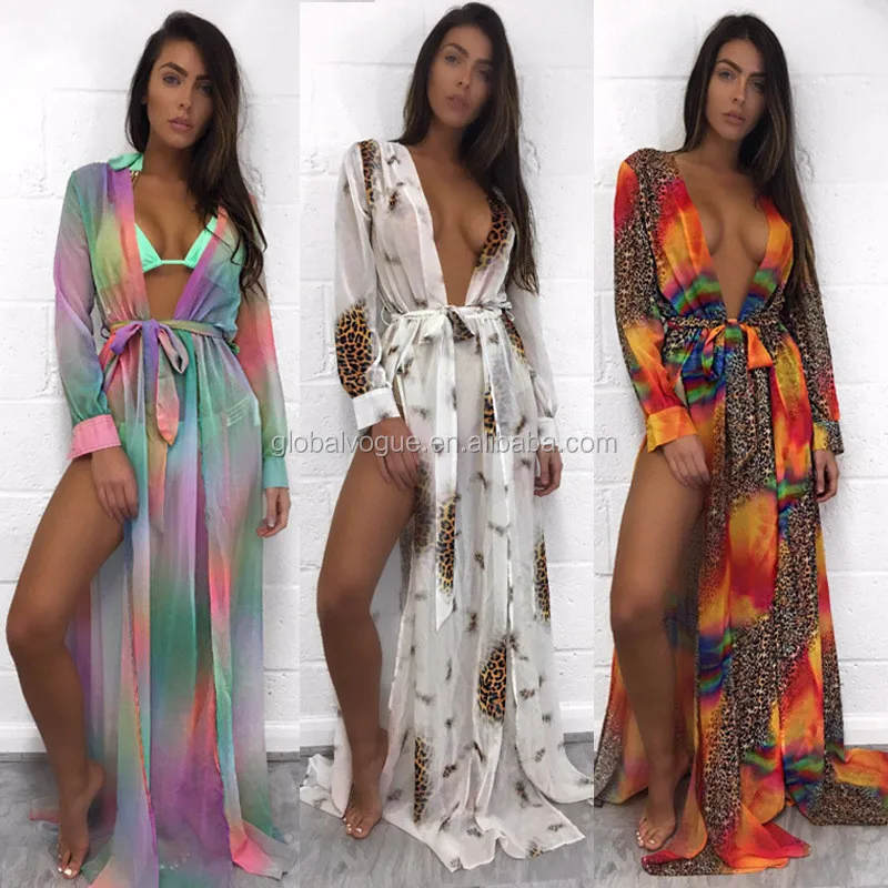 

2018 New Explosion Deep V Split Bikini Blouse Skirt Leopard/Color Print Chiffon Dress, White;orange;colored