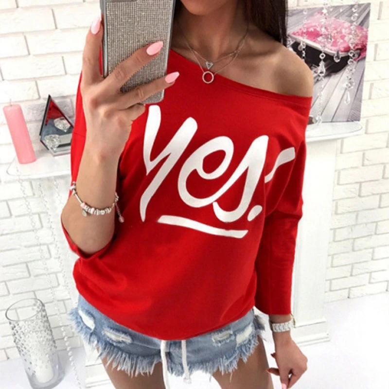 

Women's wear in Europe and the United States sexy slanting collar letter printing long sleeve T-shirt foreign trade new, N/a