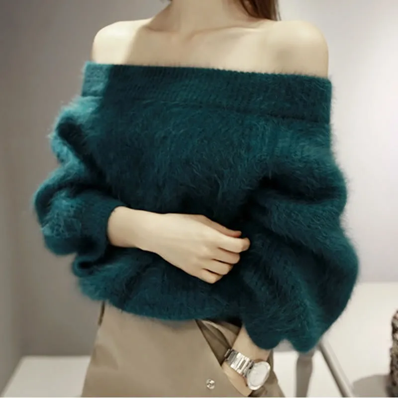 

wholesale fashionable women off collar thick mohair loose fit sweater