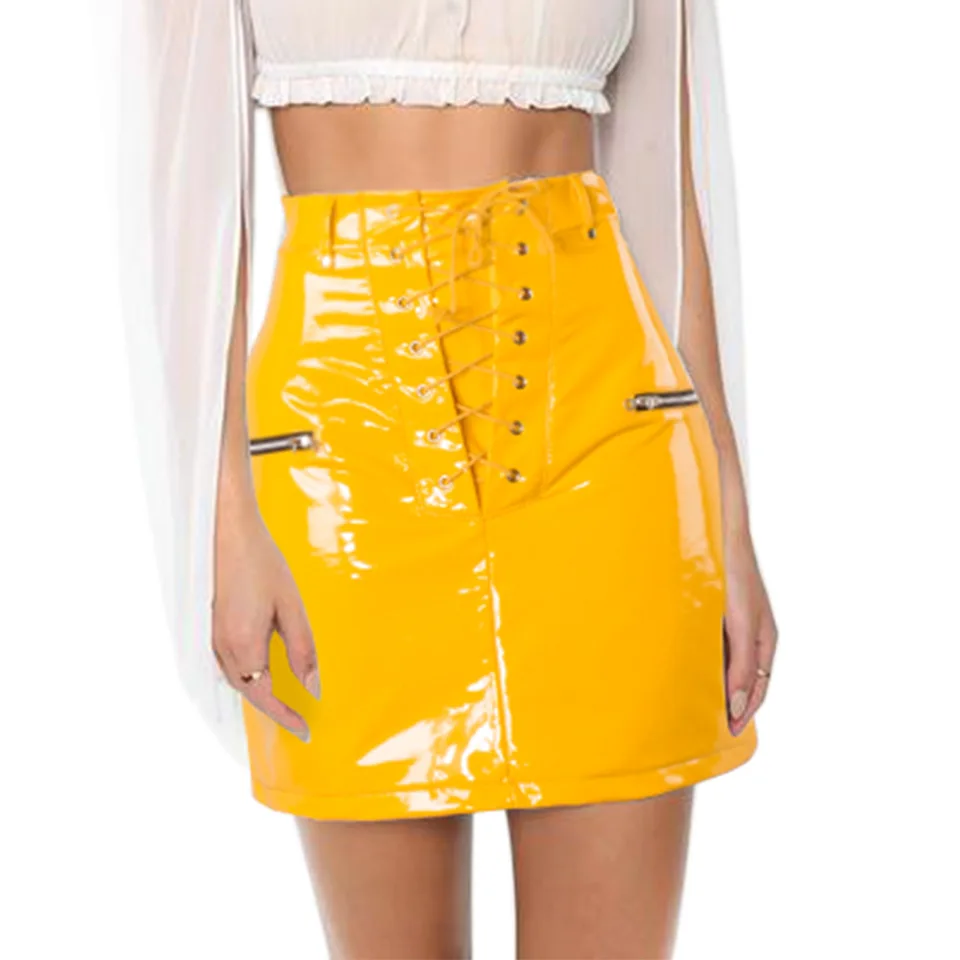 

Sexy Women Bandage PU Leather Mini Skirts Zipper Style High Waist Sexy Skirts Clothes For Ladies Party Clothes E7868