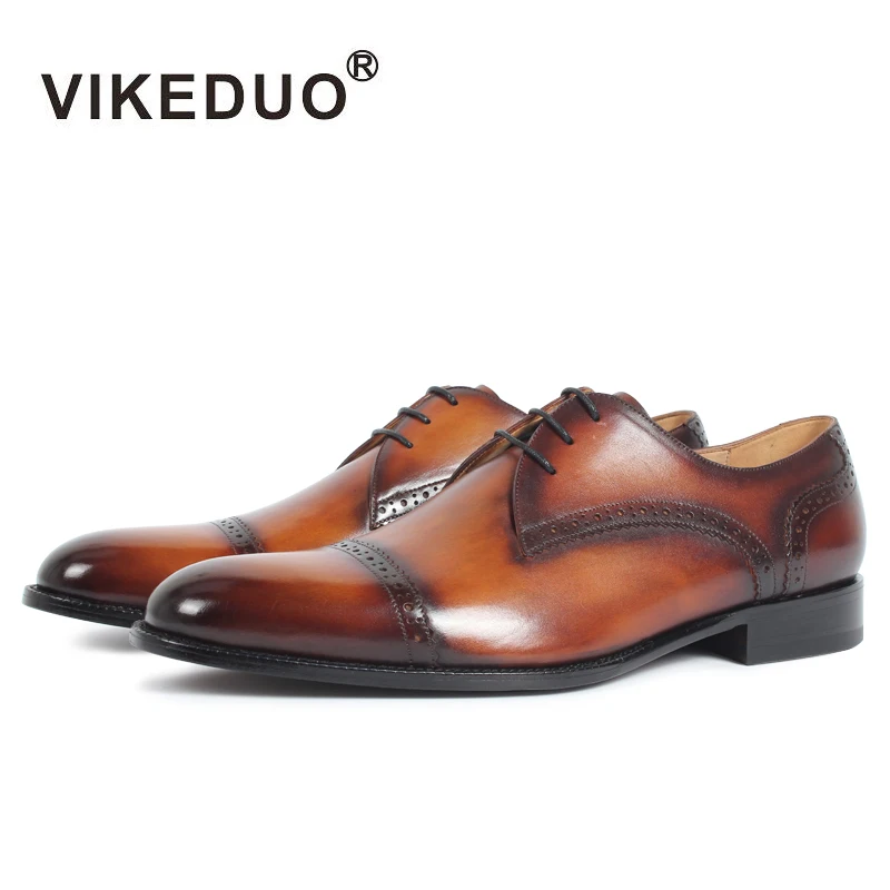 

VIKEDUO Brown Brogues Hand Painted Antique Cap-Toe Lacing Medallion Leather Men's Shoes Made In China, Yellowish-brown