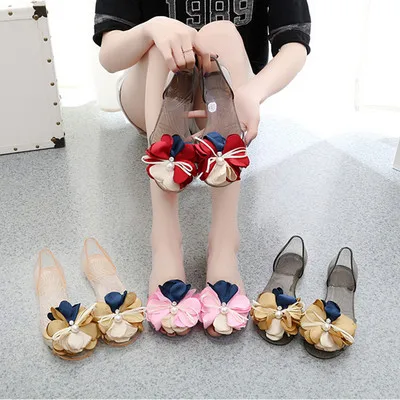 

Summer Fish-billed sandals big flower bow plastic sandals female girls transparent crystal jelly sandals with flat Heel
