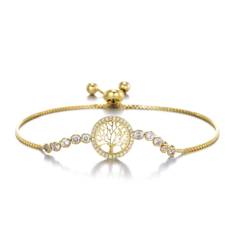 

Simple Silver Chain Life Tree Connector Bracelet Adjustable Micro Pave CZ Life Tree Charm Bracelet, Picture shows