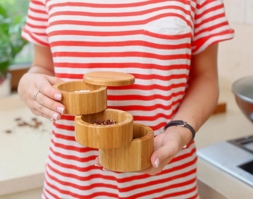 Bamboo Triple Salt Box Container With Lid For Secure Strong