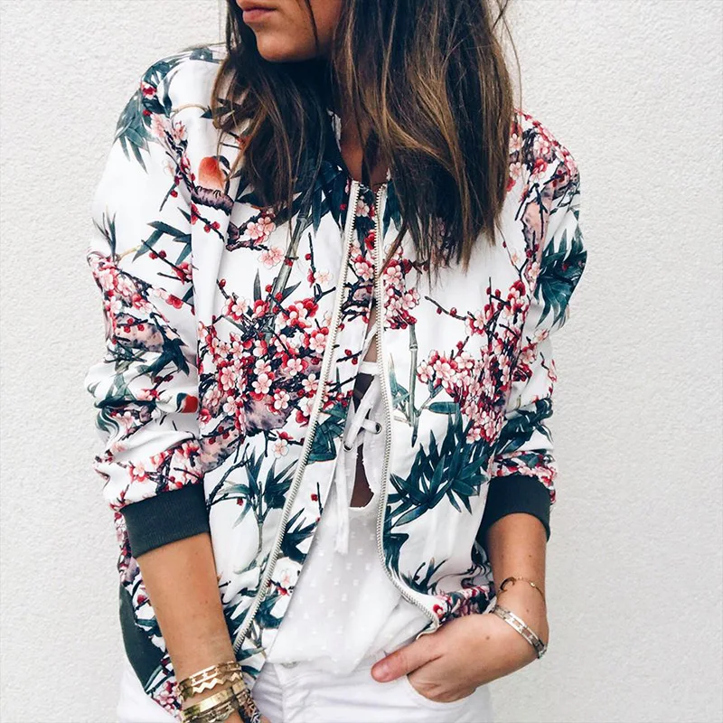 Women Jacket Ladies Retro Floral Zipper Up Bomber Casual Coat Autumn Spring Print Outwear Clothes YY10342