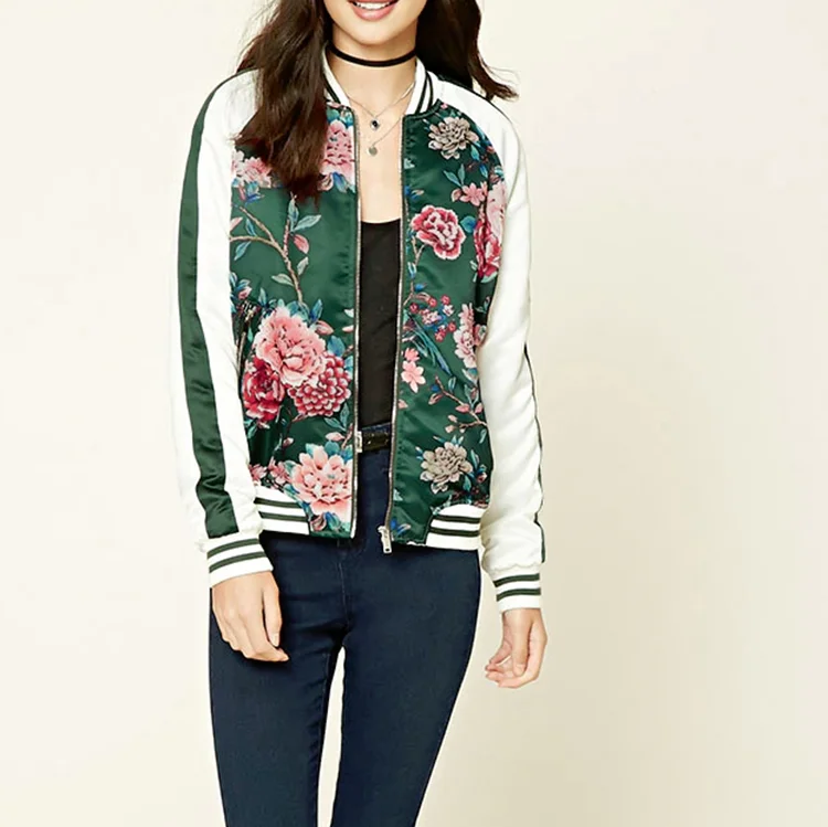 All over OEM Custom Floral Printed women Silk Bomber Jacket, View new ...