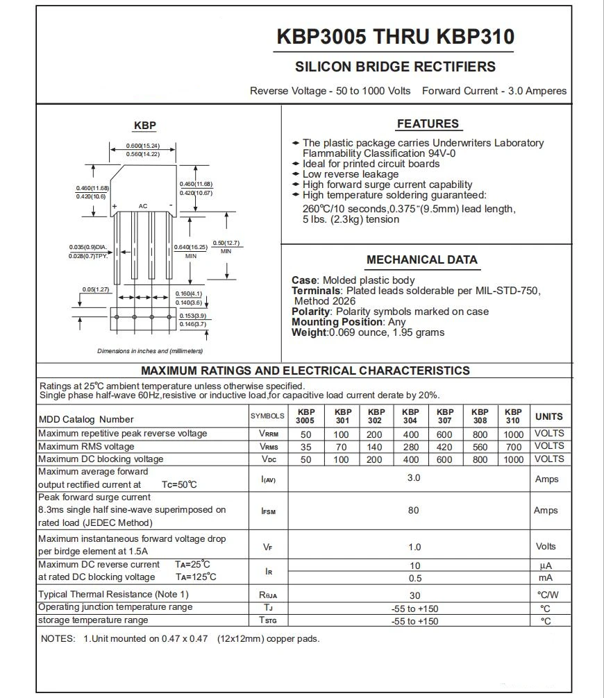 KBP307 3A700V Rectifier bridge KBP307 Rectifiers DIP-4