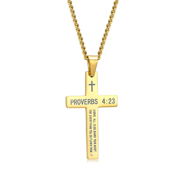 

Fashion Stainless Steel Jewelry Black Silver Gold Color Christian Cross Bible Scripture Verse Pendant Religious Necklace
