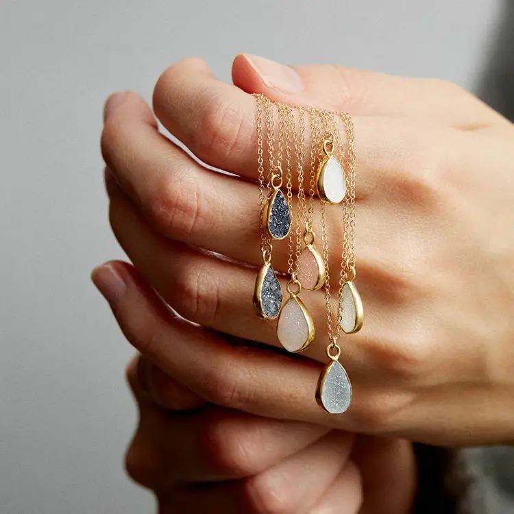 

Gold Plated Edeged Crystal Natural Stone Teardrop Druzy Necklace, Silver/gold/rose gold