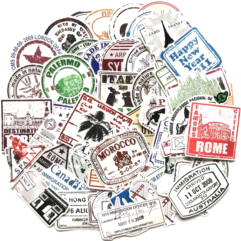 
60 sheets / bag Vintage Stamps Decorative Waterproof Vinyl Stickers Decal for Suitcase Skateboard Travel CASE 