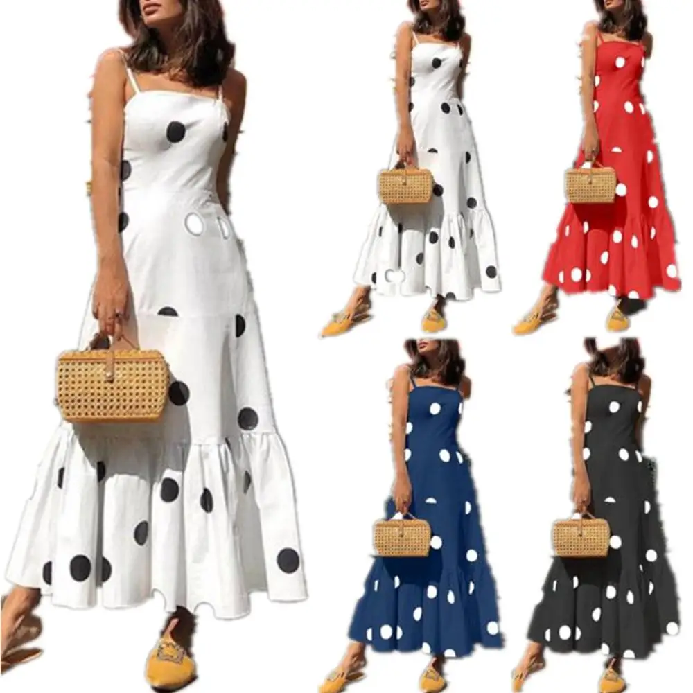 

2019 New Arrivals Summer Fashion Women Casual Spaghetti Shoulder Girdle Polka Dot Print Flared Maxi Dress