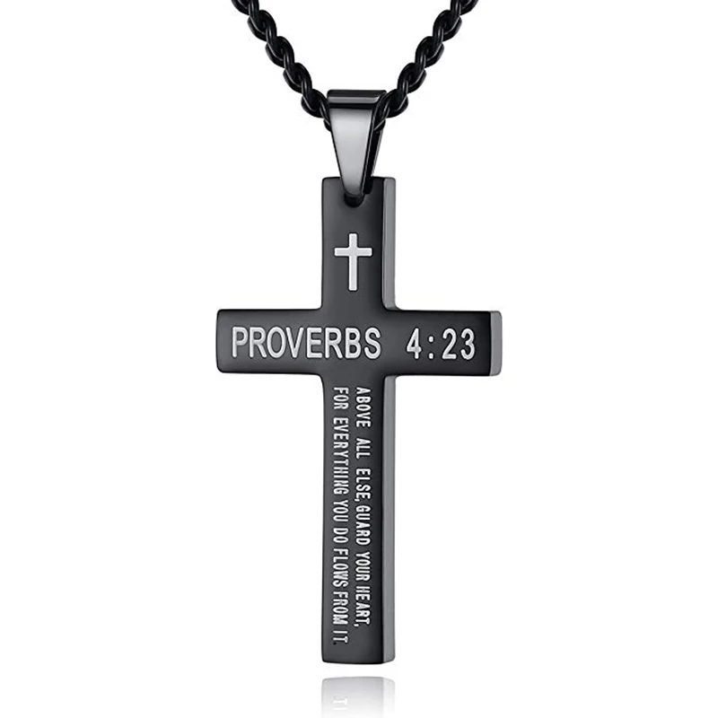 Stainless Steel Bible Verse Cross Pendant Necklace for Men Women, Proverbs 4:23