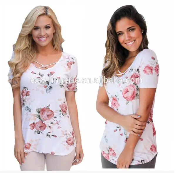 

Fashion Front Cross Floral Print Top for Women 2017 ladies tops latest design, As shown