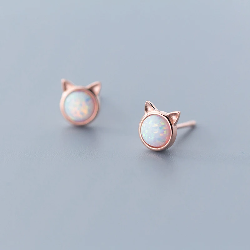 

Hot Real 925 Sterling Silver Fashion Creative Simple Colorful Opal Cat Stud Earring