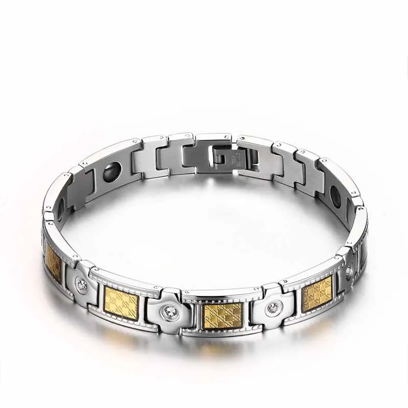 

New Arrival Silver Titanium Stainless Steel Magnetic Bracelet With Crystal Rhinestone and Gold Foil