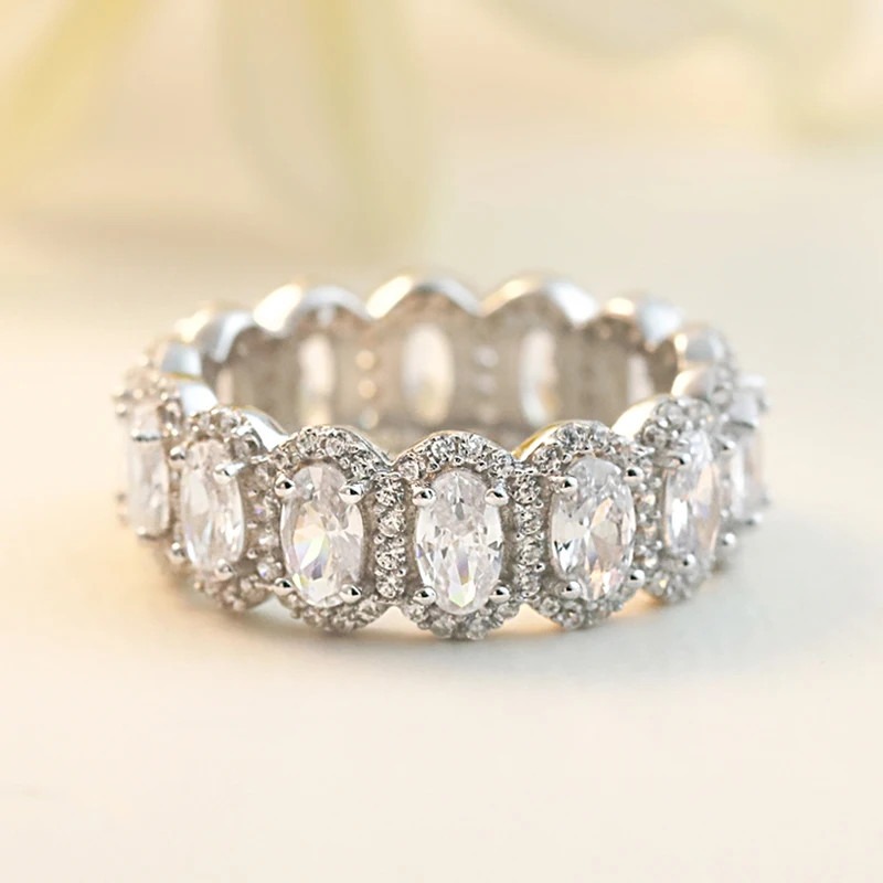 Luxury women cubic zirconia oval Cut Pave Eternity ring Sterling Silver Wedding Band