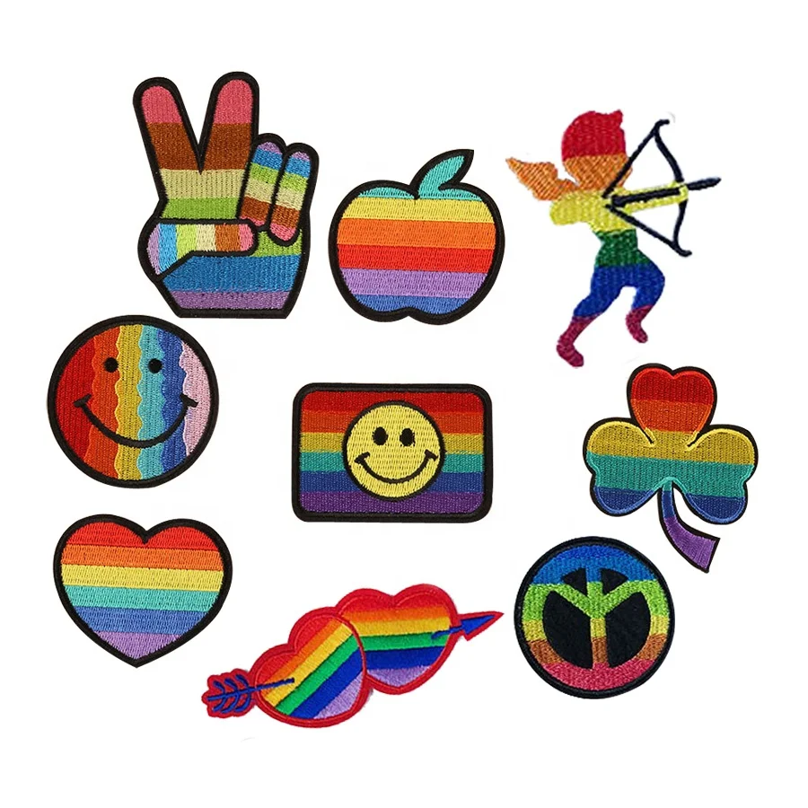 

Gay Pride Rainbow Symbol LGBT Patch Peace Clover Smile Face Cupid Love Heart Rainbow Cloud Patch Funny Iron On Applique Badge