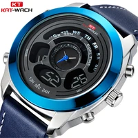 

KAT-WACH KT713 Men Sports Watch Real Leather Top Brand Luxury Quartz Digital Watches 5Bar Waterproof Blue Relogio Masculino
