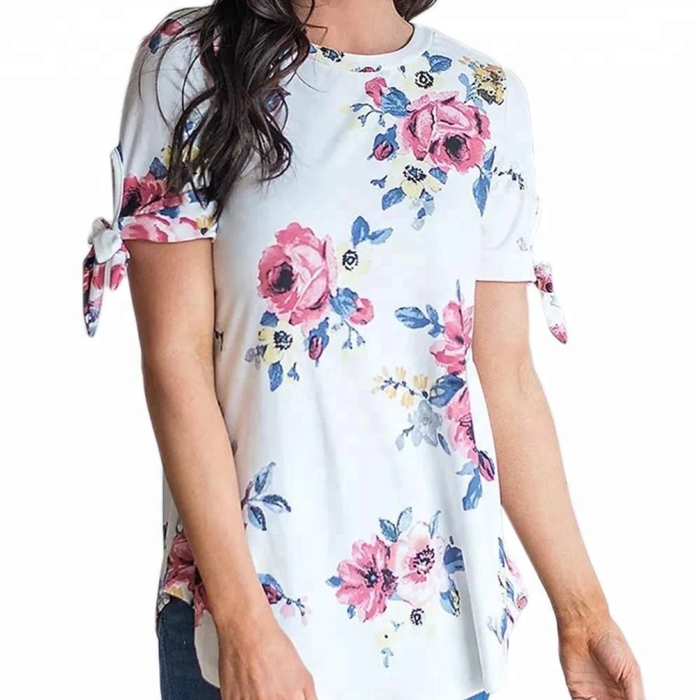 

C21 Floral top with tie on the sleeve BiLaRyThy 2018 Fashion Short Sleeve Tops Tees Printing Floral Casual T Shirts O-Neck Tops, N/a