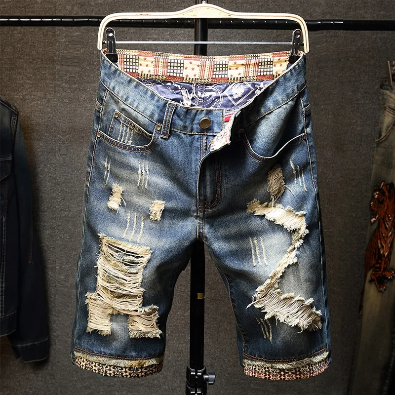 

New Mens Designer Denim Cotton ripped broken hole Shorts Zipper Fly 5 points jeans pants, Blue