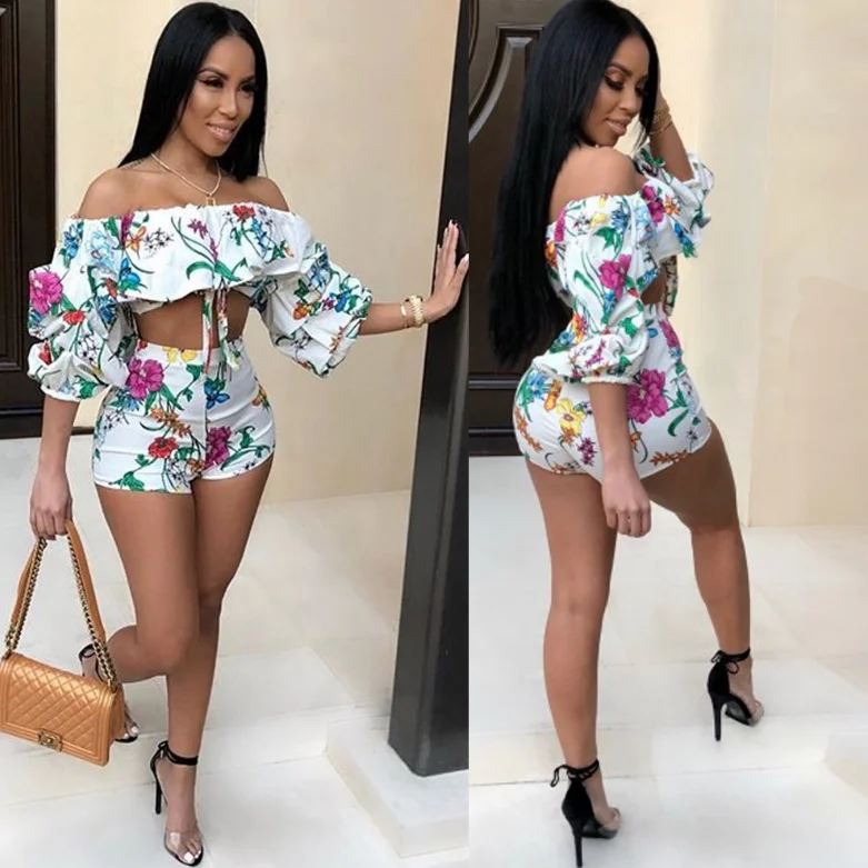 

Sexy Two Piece Set Women Off Shoulder Half Sleeve Crop Tops and Shorts Suits Casual Beach 2 Piece Set Summer Outfits, N/a