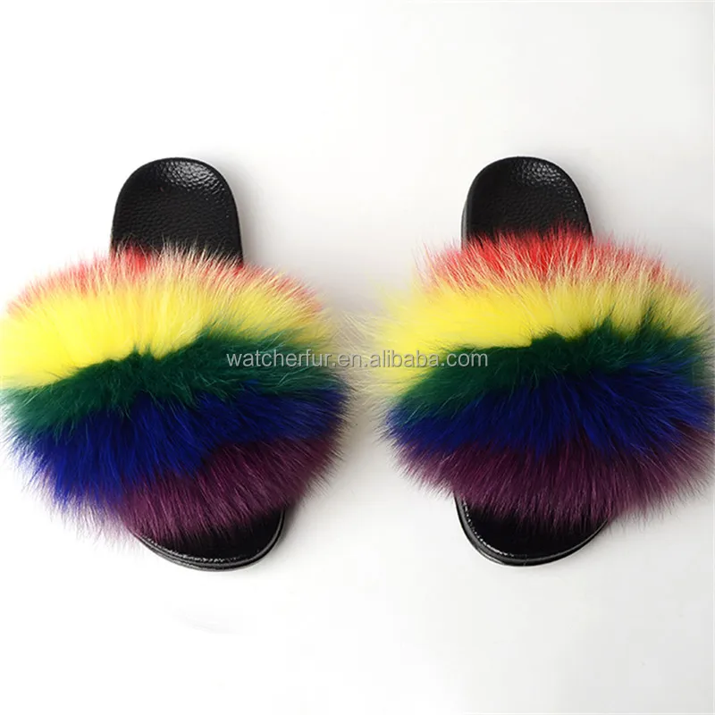 

Genuine Handmade Fur Women Black Slide Sandals Shoes Ladies Fox Fur Slippers For Women Winter Warm Ladies Slippers And Sandals, Picture