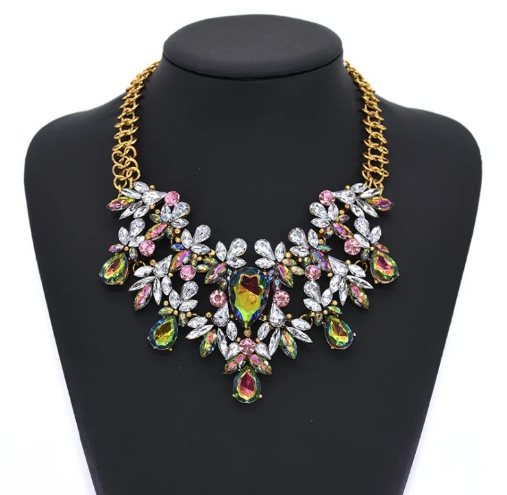 

New Fashion Golden Chain Acrylic Resin Crystal Choker Statement Pendant Bib Necklace For Women, Green,black,white,abcolor, colorful,mix color, mix purple, transparent