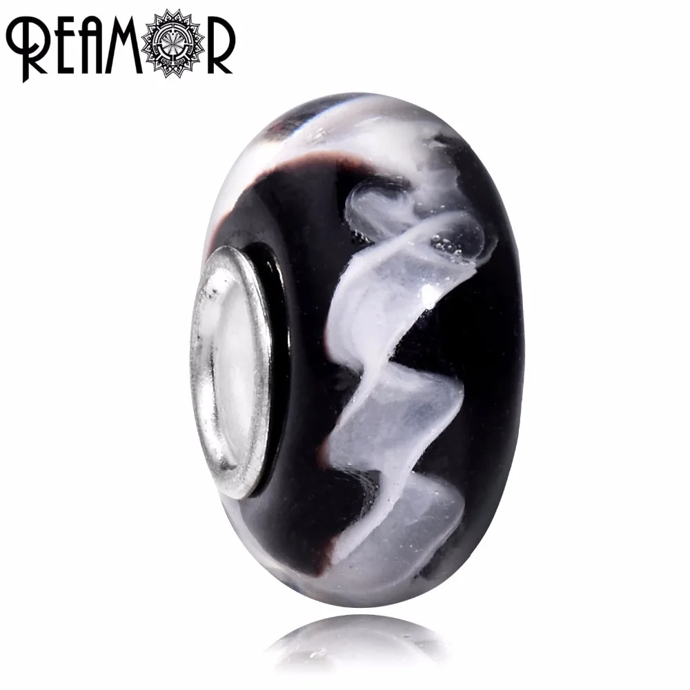 

REAMOR 5pcs/lot White Spiral Pattern European Murano Glass Spacer Beads Charms Fit DIY Original Bracelets Female Jewelry Making