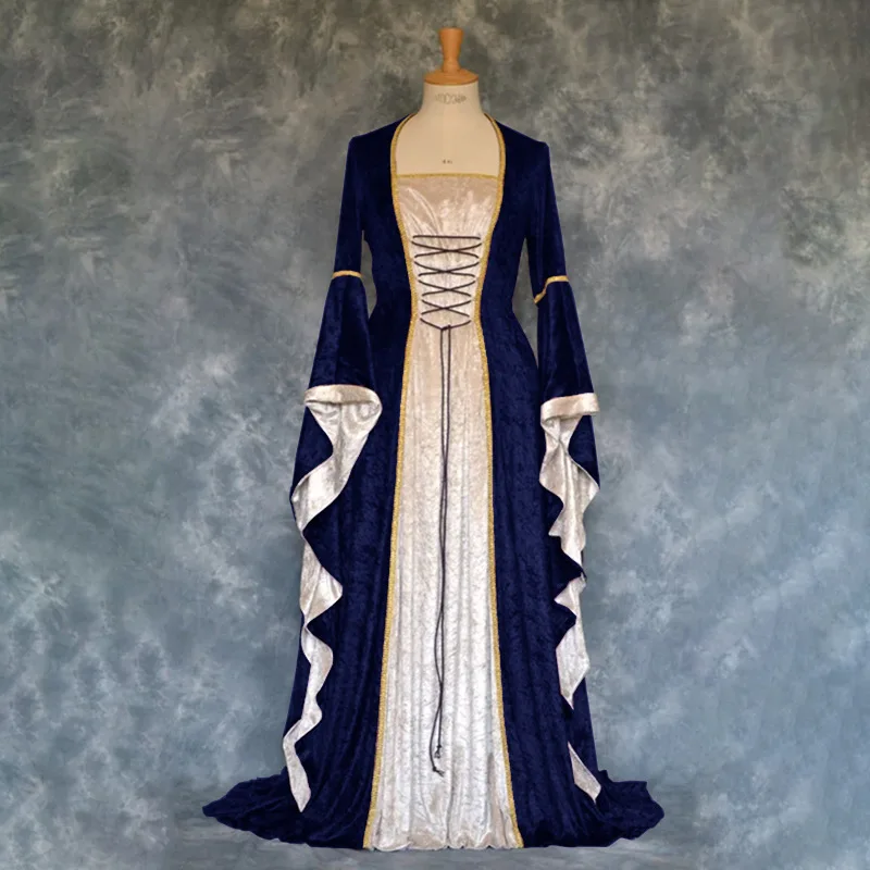

European and American gold-velvet-band horn sleeves, retro-medieval-long and ground-dress women's long dress