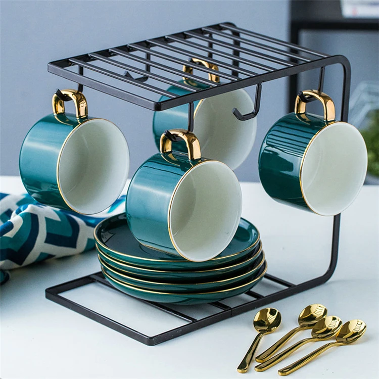 Luxury drinkware golden handle espresso coffee tea ceramic cup with stand