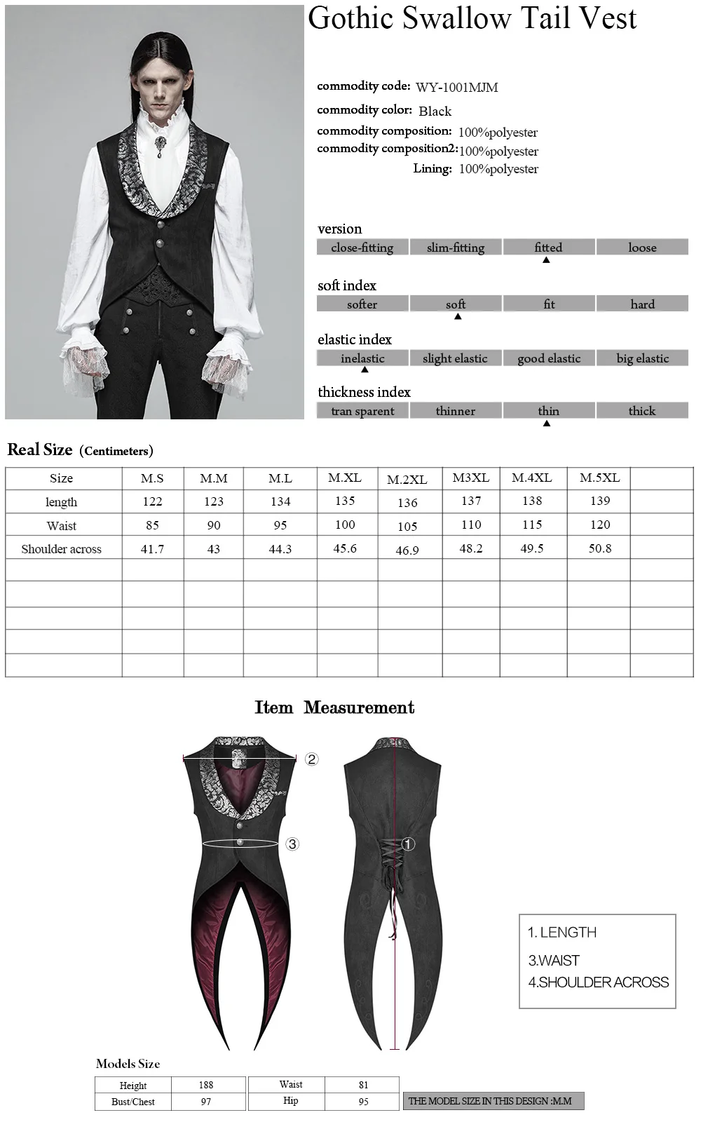 Punk Rave Gothic Clothing WY-1001 New Goth Swallow Tail Vests Mens Clothing Heated Vest