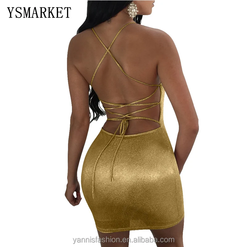 

sexy club metallic dress summer open back lace up sleeveless mini dress women bodycon dresses for women EJZ067, Can be customized