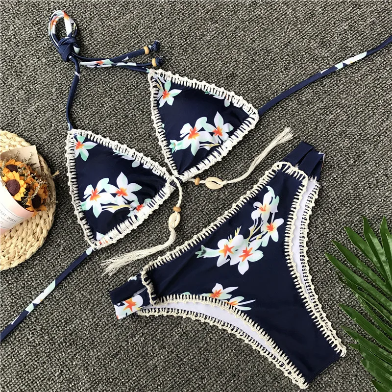 
Wefans Ethnic Style hand made crochet print bikini sling tie Halter swimwear woven shell ladies split swimsuit 