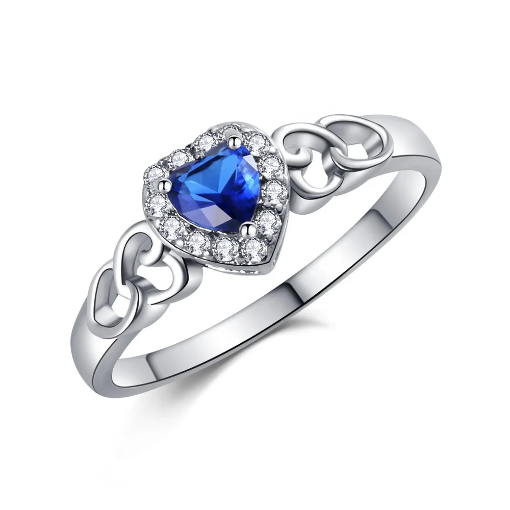 

Hot Selling Simple Style Fashion Blue Sapphire Heart Design Rings For Women Love Gift, Silver color