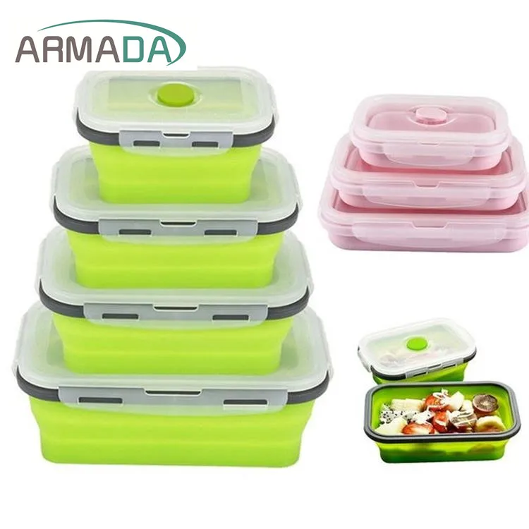 

4 Pcs/ Set Food Storage Silicone Collapsible Lunch Box, Blue,pink