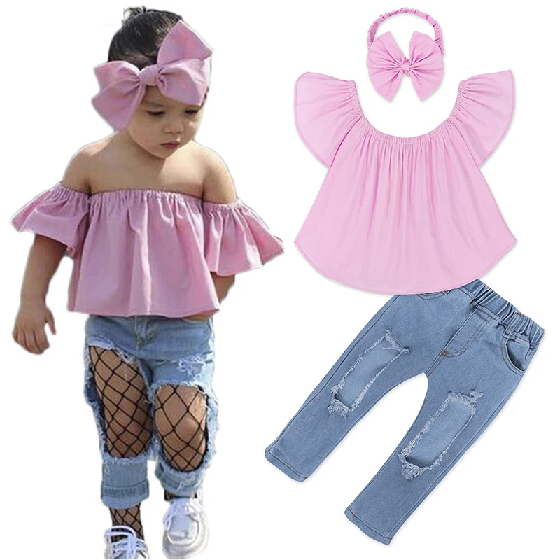 

Toddler girl clothing boutique Off Shoulder tops + Hole Jeans + Hairband 3 pcs summer girl clothing set, As picture