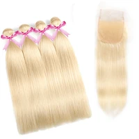 

Free Shipping Blonde 613 Lace Frontal Brazilian Virgin Human Hair Extensions 613# Three Bundles with Closure 4x4 Frontal Lace