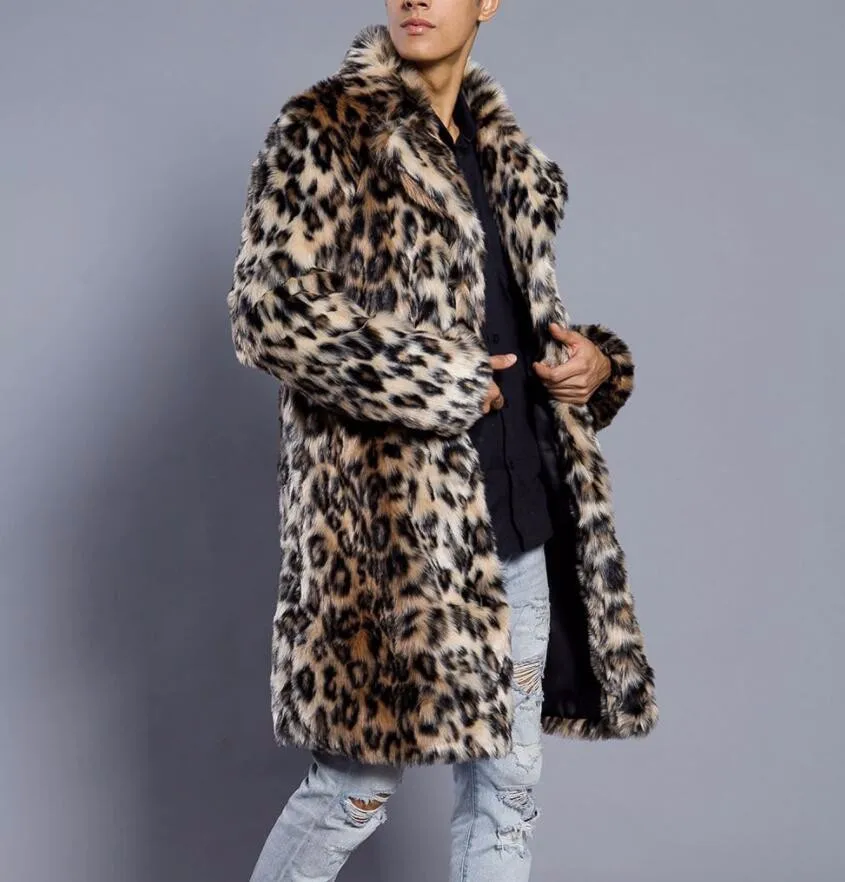 New Men's Loose Greatcoat Leopard Faux Fur Lapel Coat - Buy Faux Mink ...