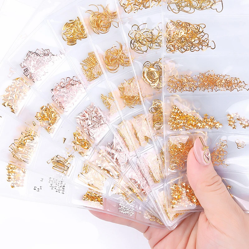 

FREE SHIPPING Beautiful 6 Grid/Pack Gold Rose Gold Mixed Thin Alloy Manicure 3D Metal Rivet Nail Art Sea Shell Ring Decoration, Gold, rose gold, silver