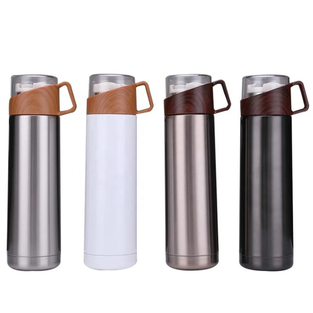 

Wholesale Stainless steel Double wall vacuum insulated bottle with wood grain lid cup reusable thermos bottle, White, black, gold, steel color