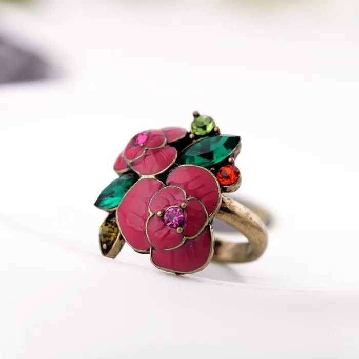 

jz0015 Qingdao Kiss Me Gold Glass Zinc Alloy Rhinestone New Design Party Red Rose Flower Rings, As picture