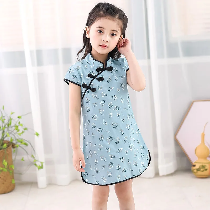 
baby cheongsam summer children baby ethnic style flower girls clothing dress plate button Chinese dress qipao 